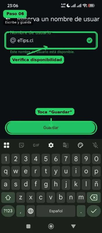 スクリーンショット：WhatsAppのユーザーネームを入力・保存する入力欄