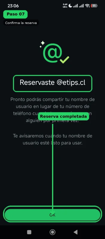 スクリーンショット：WhatsAppでユーザーネームの予約が完了したことを示す確認画面